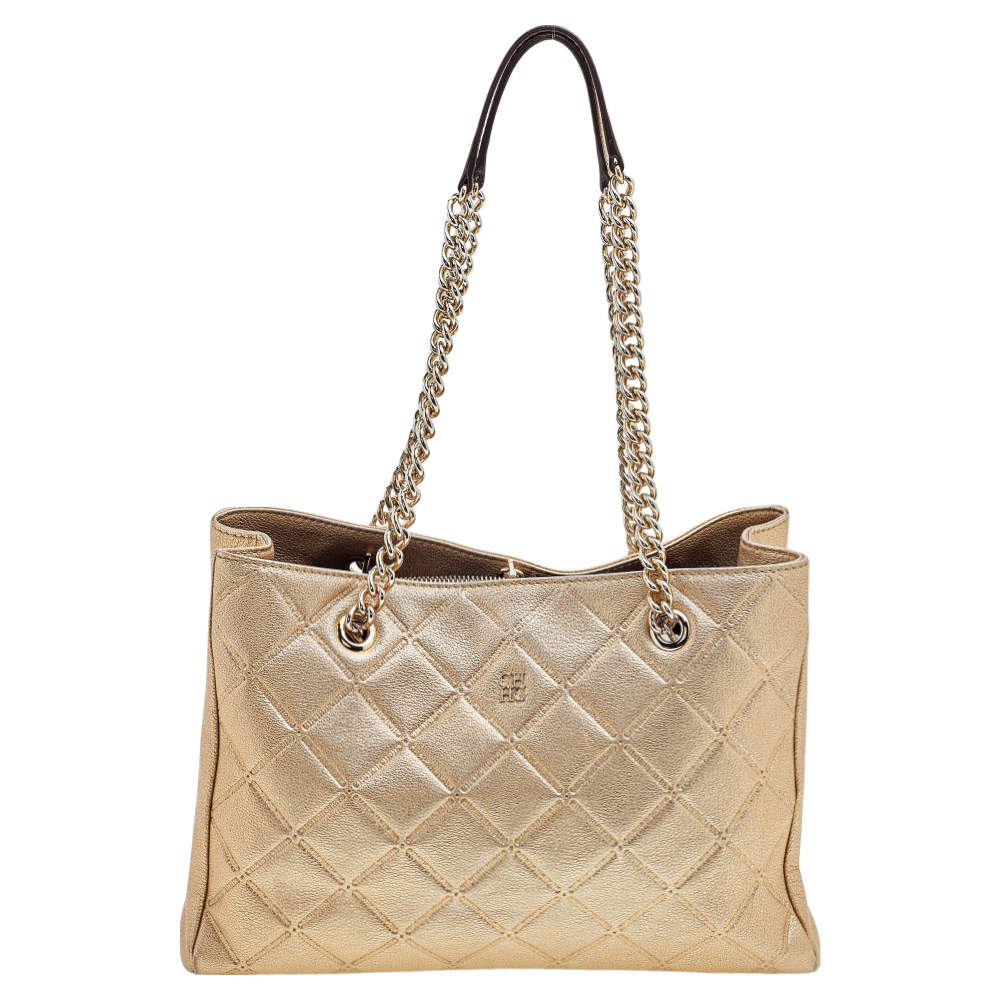 CH Carolina Herrera Gold Diamond Leather Chain Shopper Tote CH Carolina ...