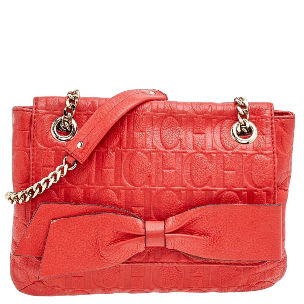 Pre Owned Carolina Herrera Orange Monogram Embossed Leather Bow Flap Shoulder Bag