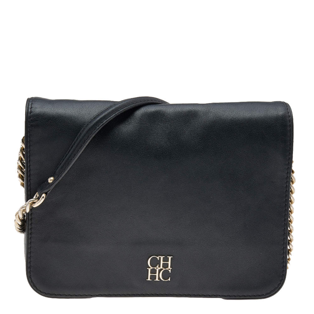 Pre Owned Carolina Herrera Black Leather Flap Shoulder Bag
