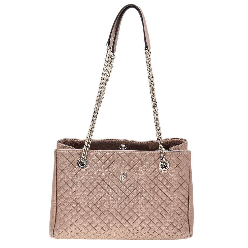 Pre Owned Carolina Herrera Metallic Rose Gold Micro Quilted Leather Chain Tote