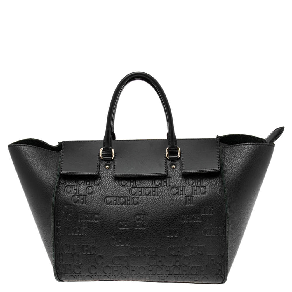 Pre Owned Carolina Herrera Black Monogram Embossed Leather Vendome Tote
