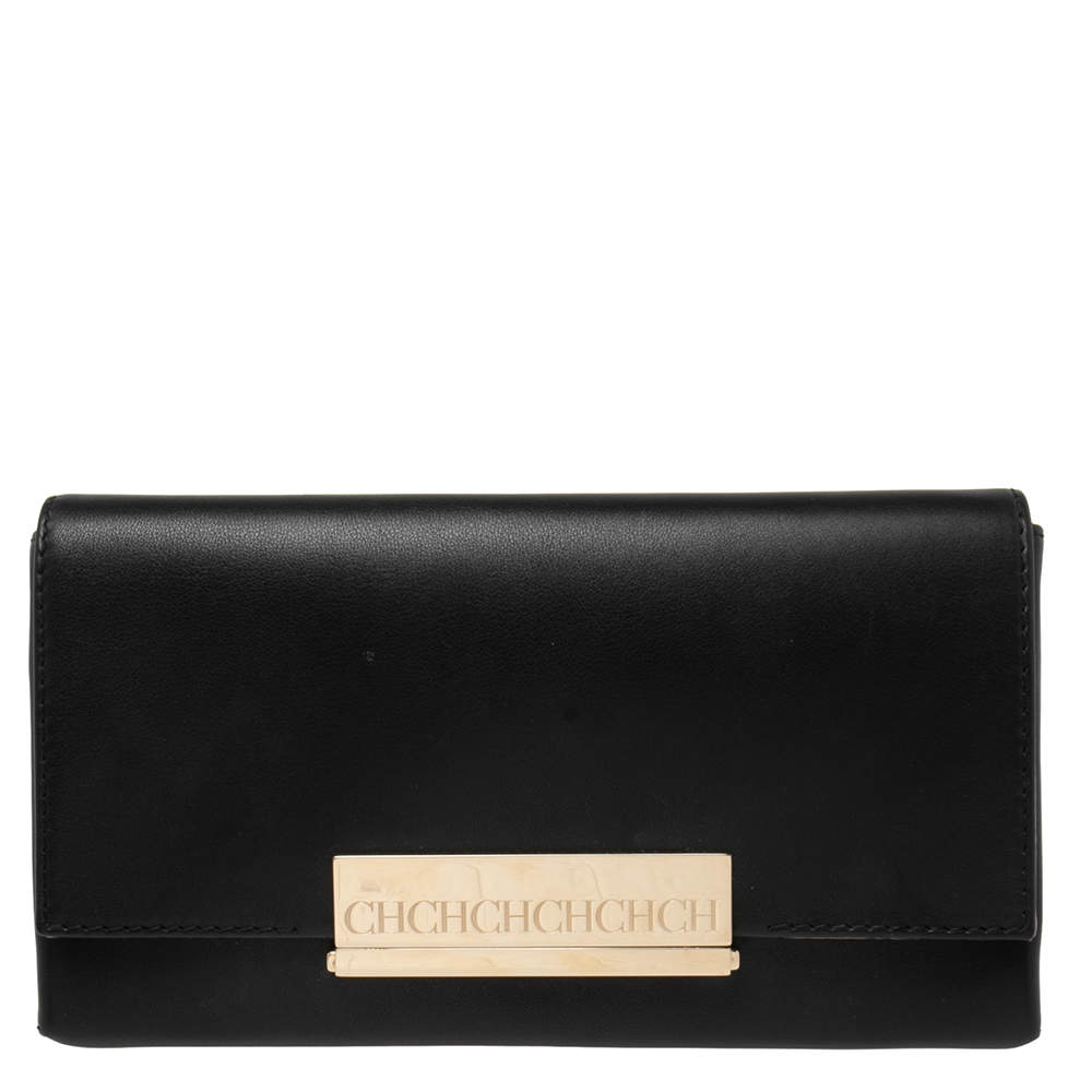 Pre Owned Carolina Herrera Black Leather Logo Metal Flap Clutch