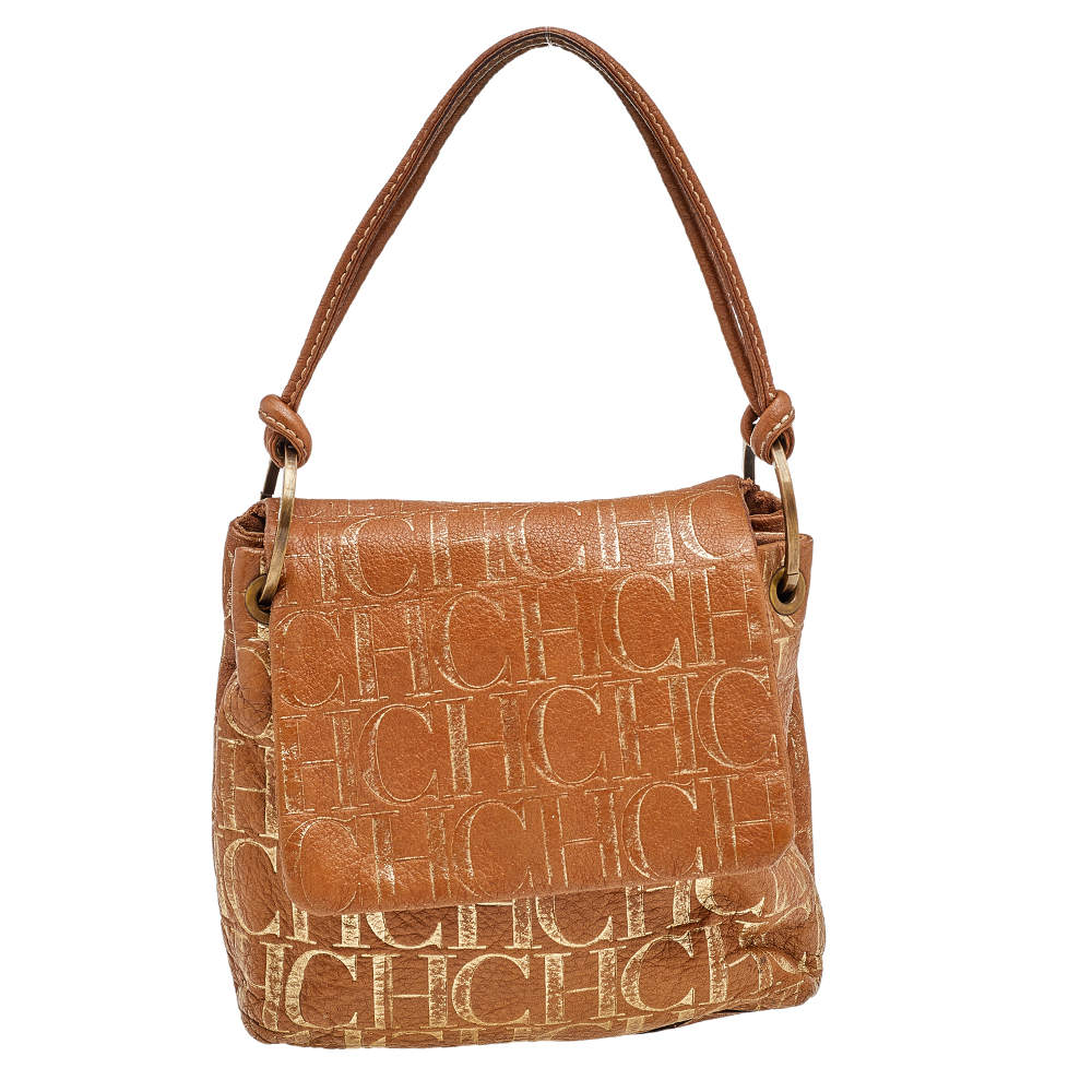 Pre Owned Carolina Herrera Brown/Gold Monogram Embossed Leather Shoulder Bag