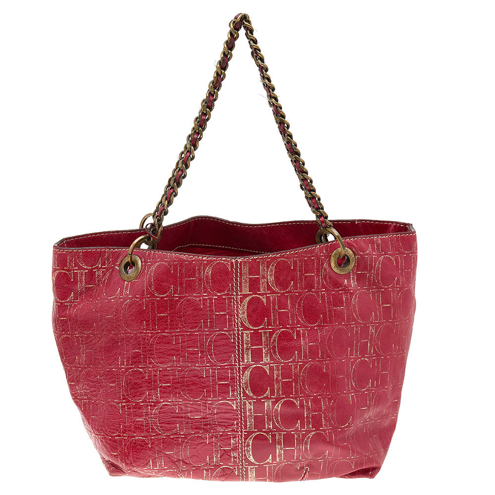 Pre Owned Carolina Herrera Red/Gold Monogram Embossed Leather Chain Tote