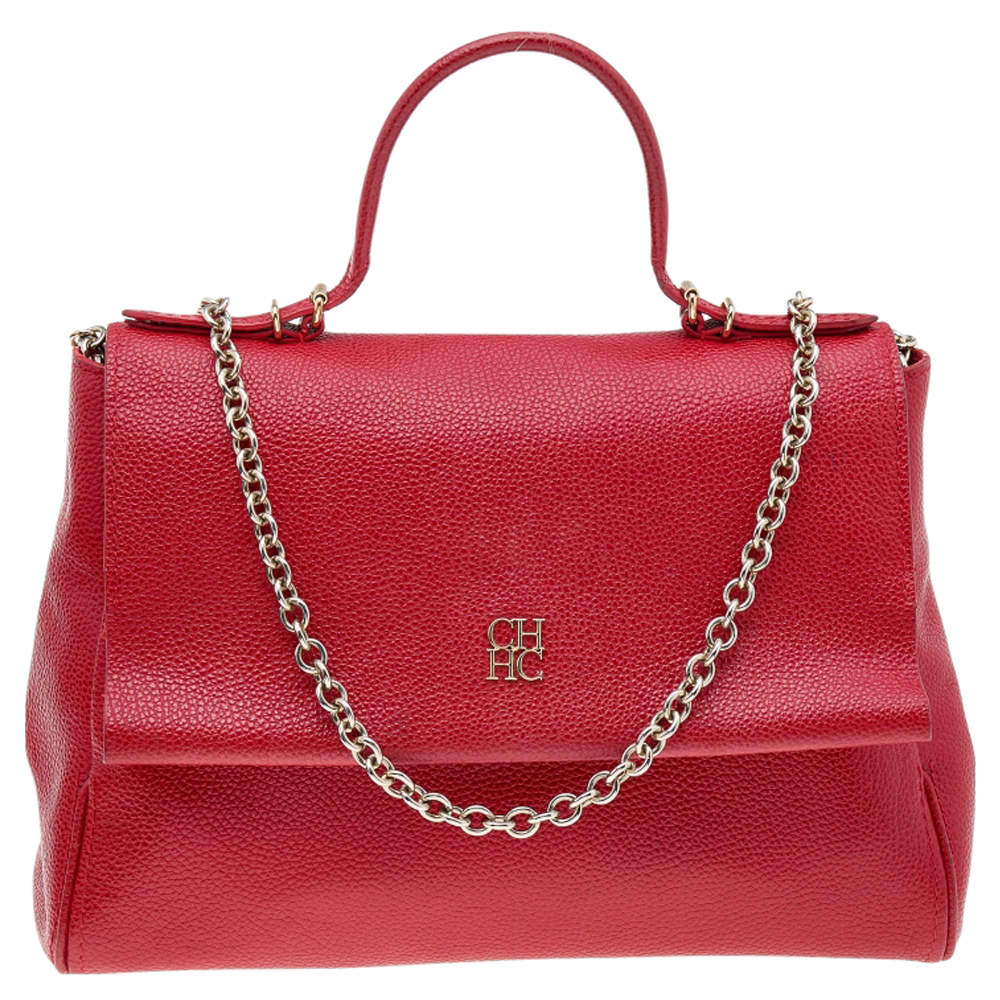 Pre Owned Carolina Herrera Red Leather Minuetto Flap Top Handle Bag