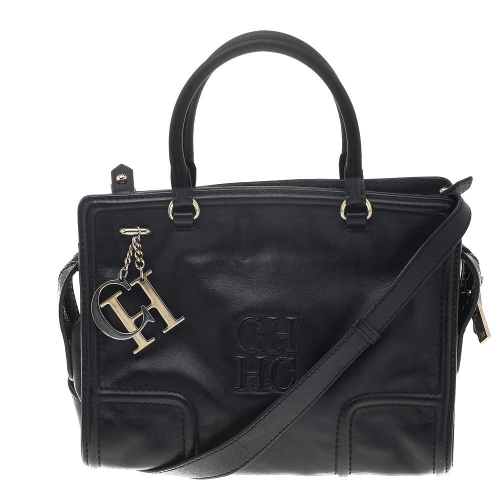 Pre Owned Carolina Herrera Black Leather CHCH Logo Tote
