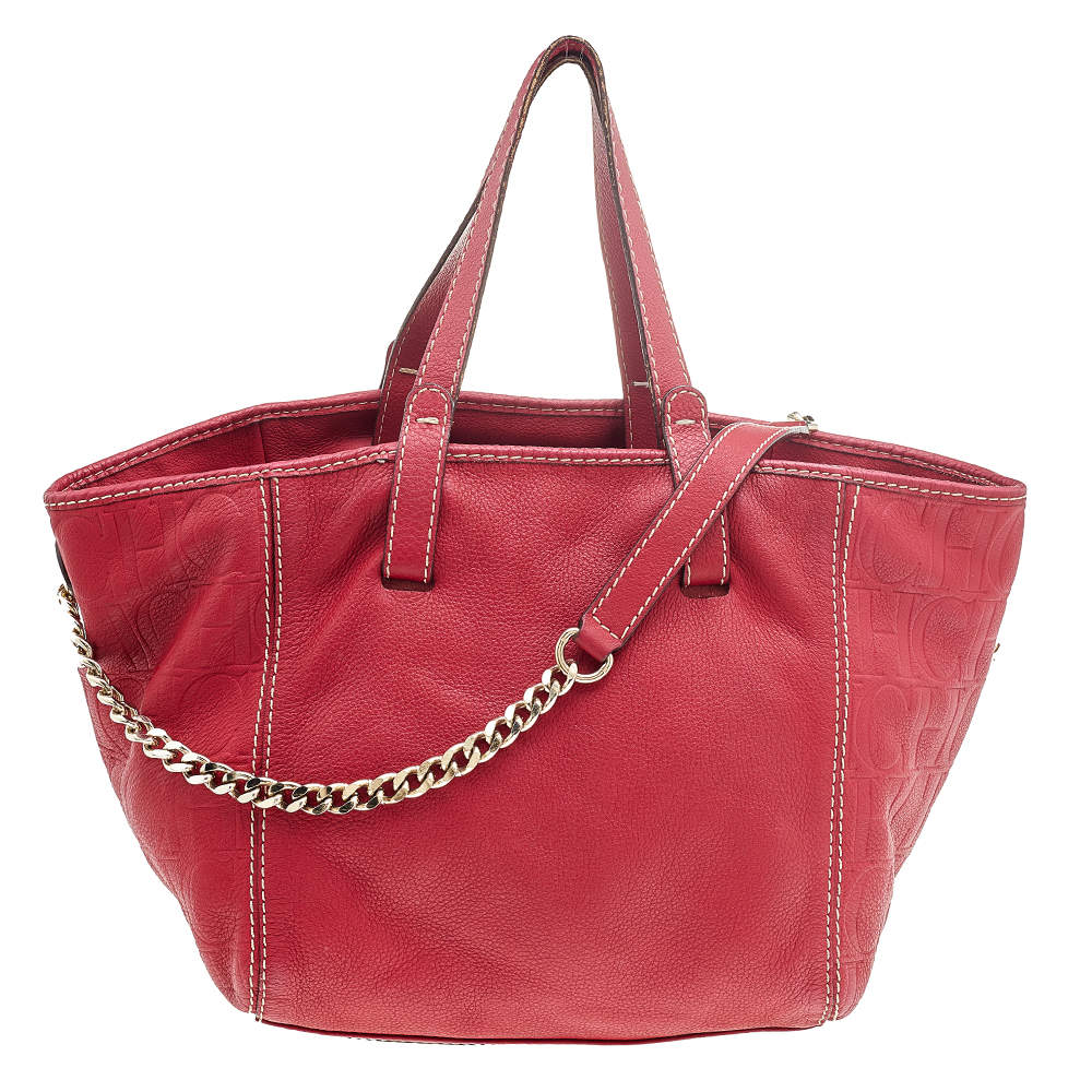 Pre Owned Carolina Herrera Red Monogram Embossed Leather Chain Tote