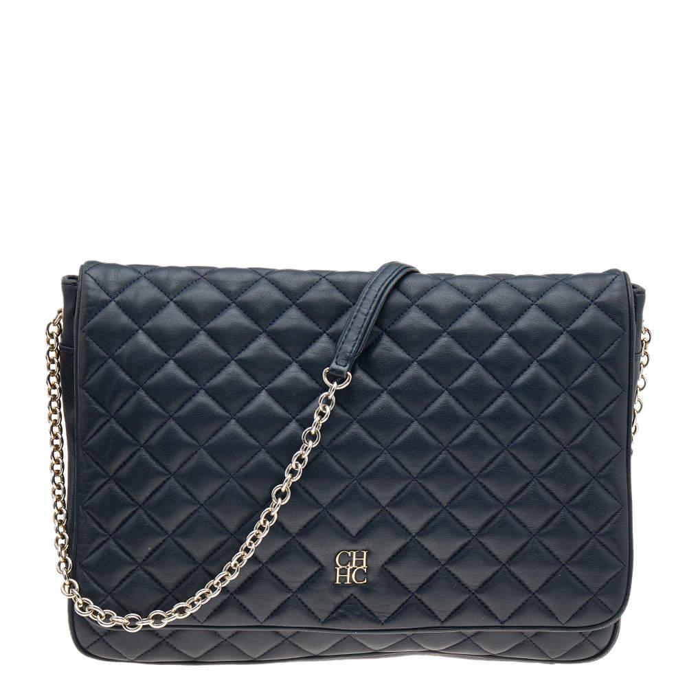 Pre Owned Carolina Herrera Navy Blue Quilted Leather Flap Chain Shoulder Bag
