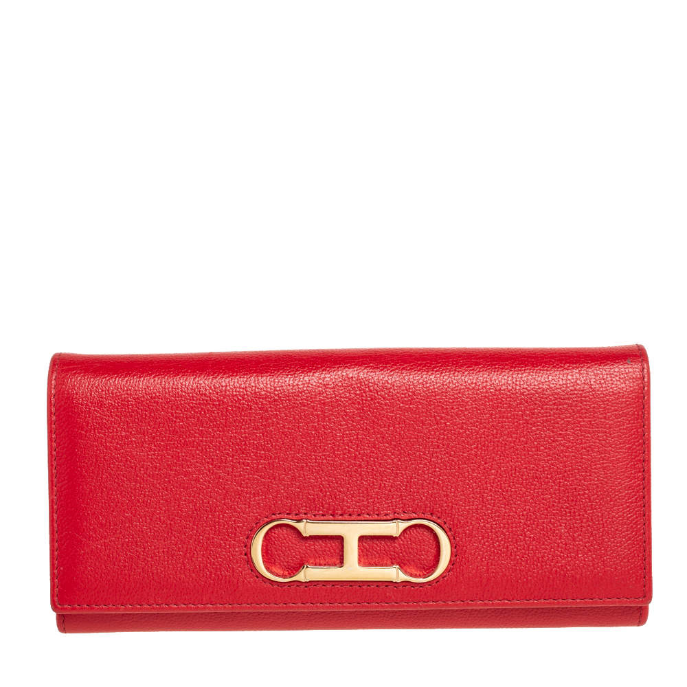 Pre Owned Carolina Herrera Red Leather Logo Flap Continental Wallet