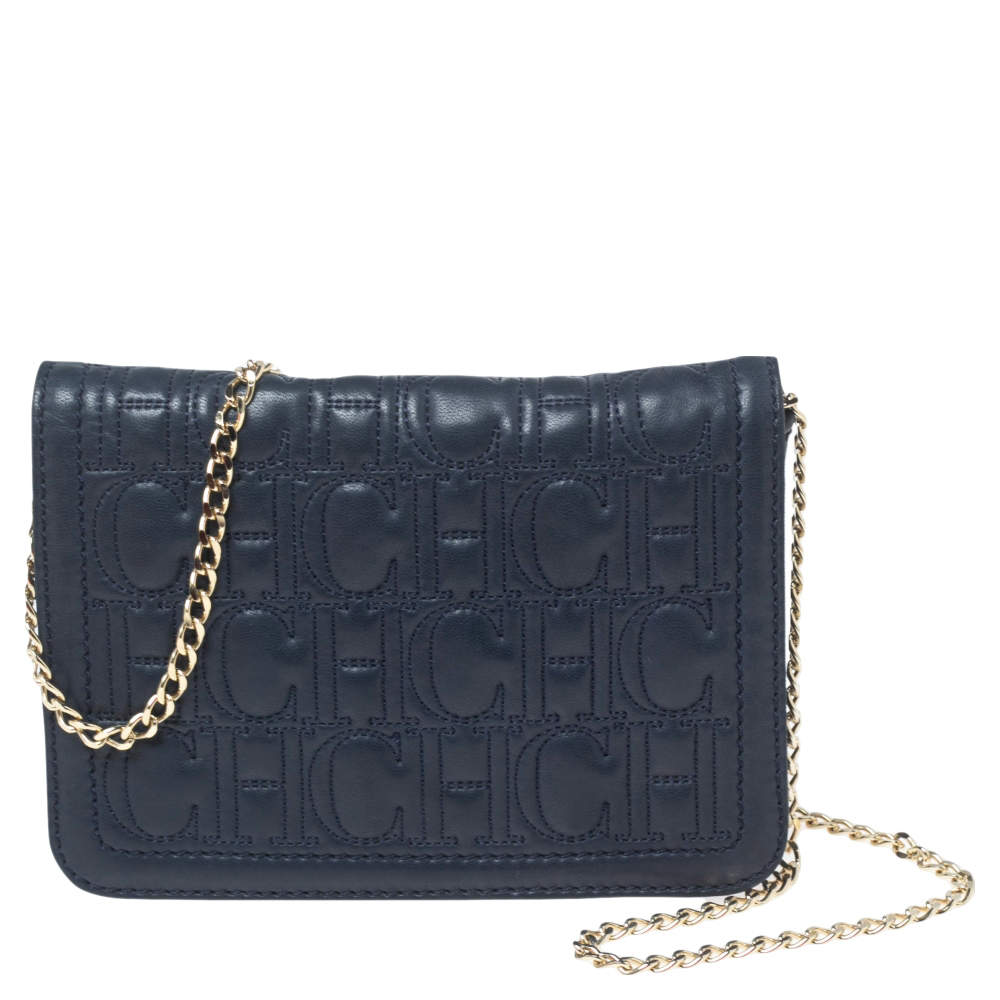 Pre Owned Carolina Herrera Navy Blue Quilted Leather Flap Chain Clutch