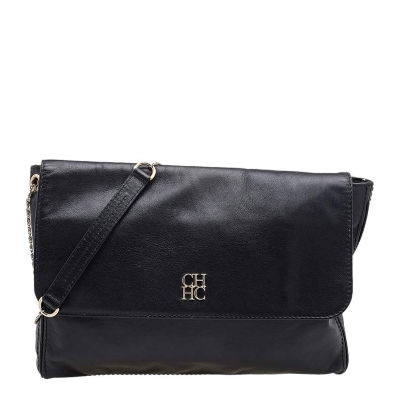 Pre Owned Carolina Herrera Black Leather Chain Flap Shoulder Bag