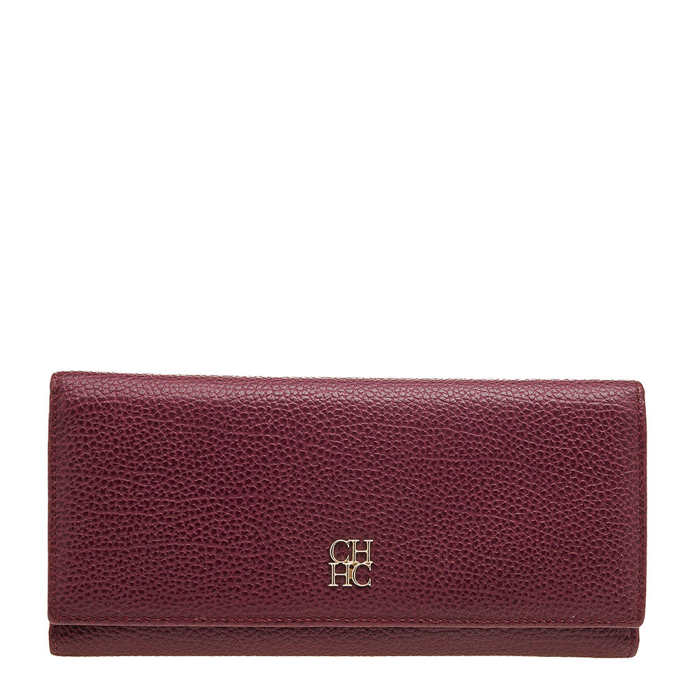Pre Owned Carolina Herrera Burgundy Grained Leather Flap Continental Wallet