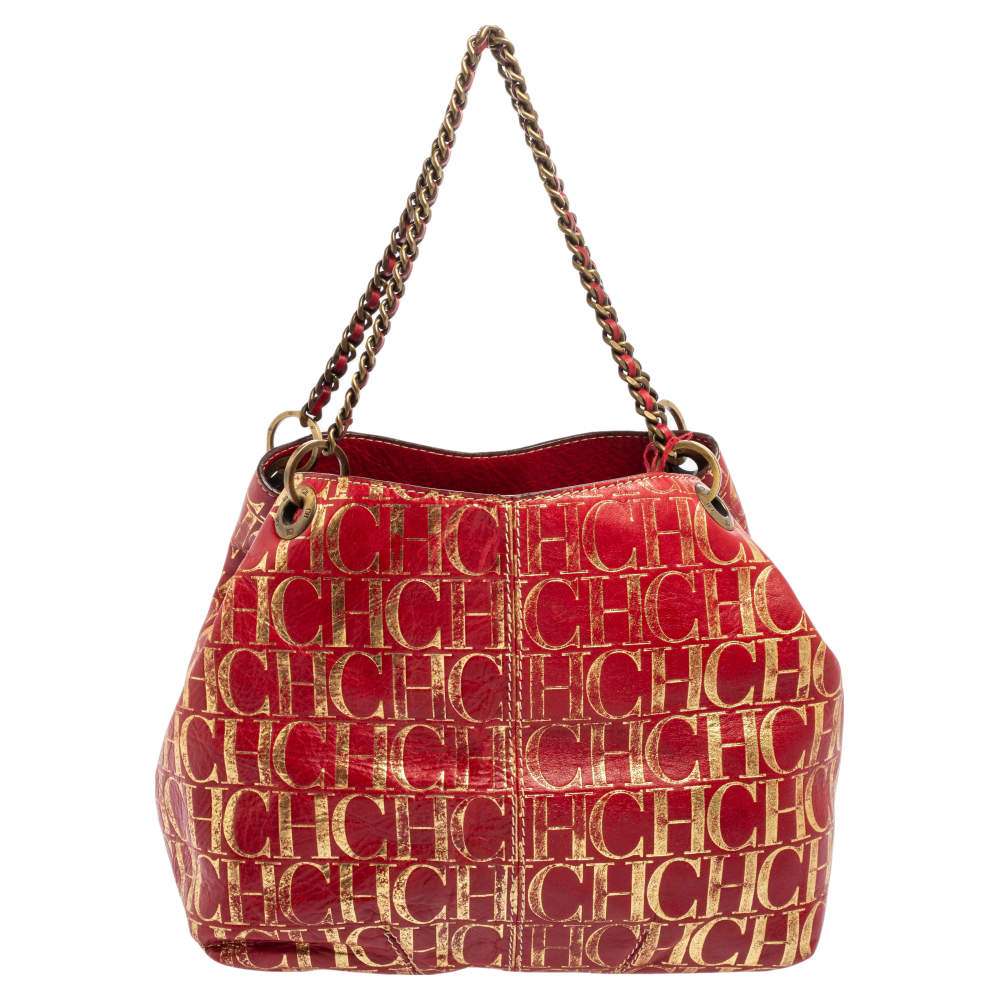 Pre Owned Carolina Herrera Red/Gold Monogram Leather Chain Tote
