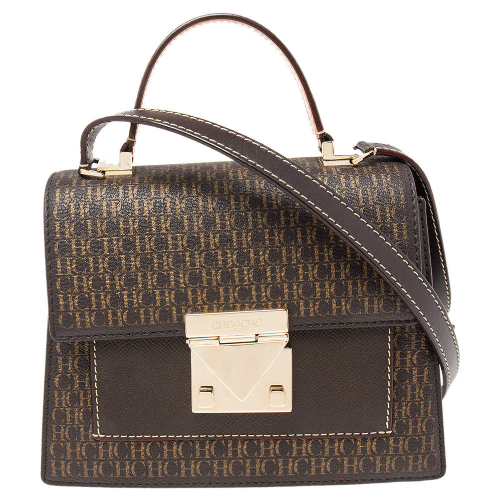 Pre Owned Carolina Herrera Brown Monogram Coated Canvas and Leather Top Handle Bag