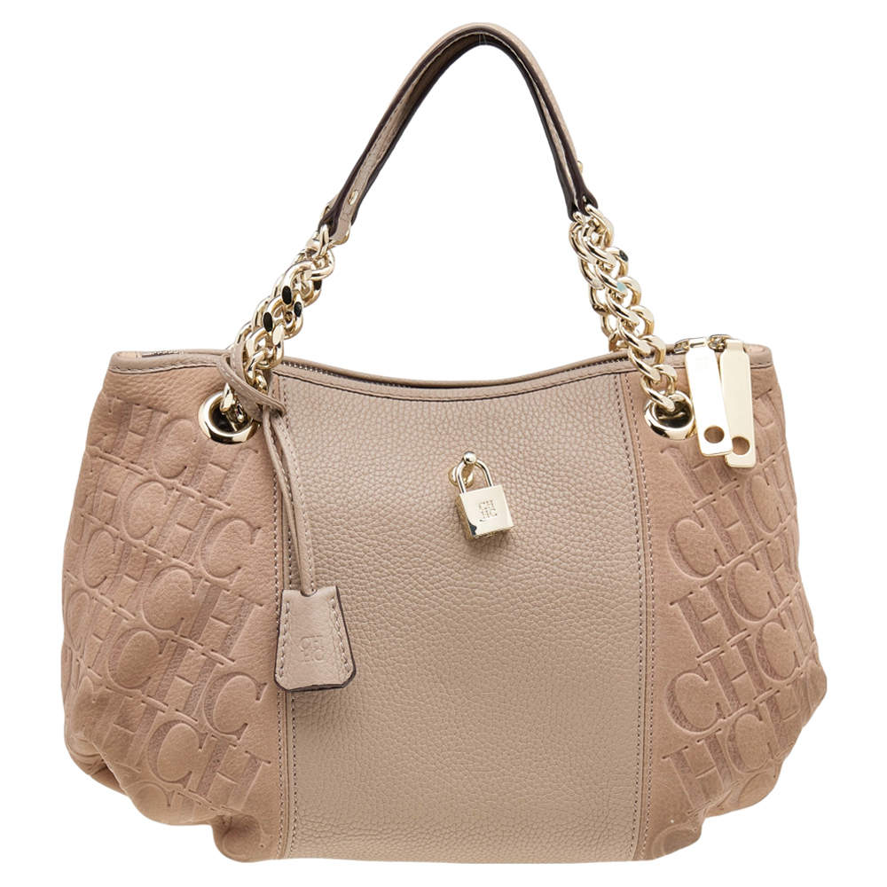 Pre Owned Carolina Herrera Beige Monogram Embossed Leather Chain Hobo