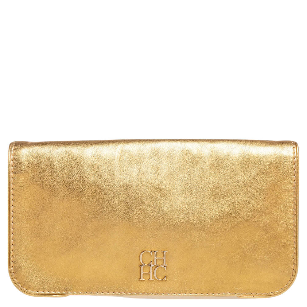 Pre Owned Carolina Herrera Metallic Gold Leather Logo Flap Clutch