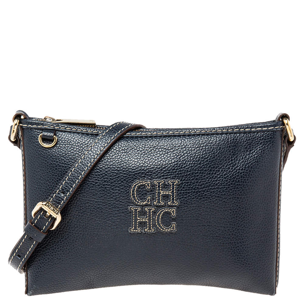 Pre Owned Carolina Herrera Navy Blue Leather Logo Crossbody Bag