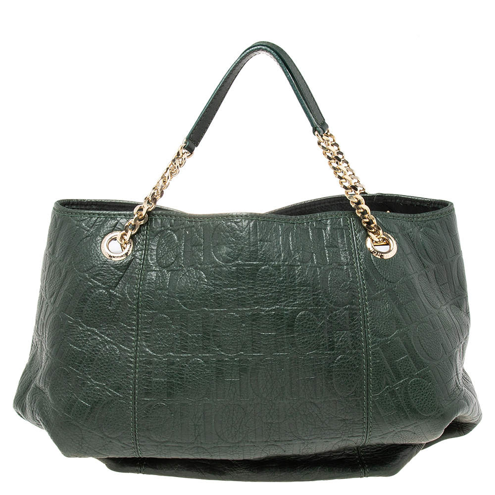 Pre Owned Carolina Herrera Green Monogram Embossed Leather Chain Handle Tote