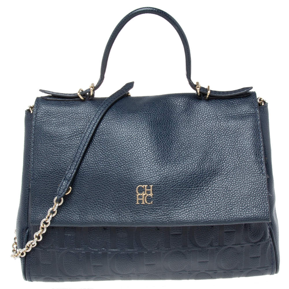 مملوكة مسبقًا حقيبة كارولينا هيريرا مينويتو جلد أزرق كحلي بقلاب ويد علوية 