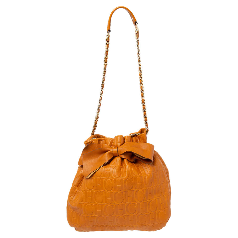 Pre Owned Carolina Herrera Orange Embossed Leather Bow Bucket Bag