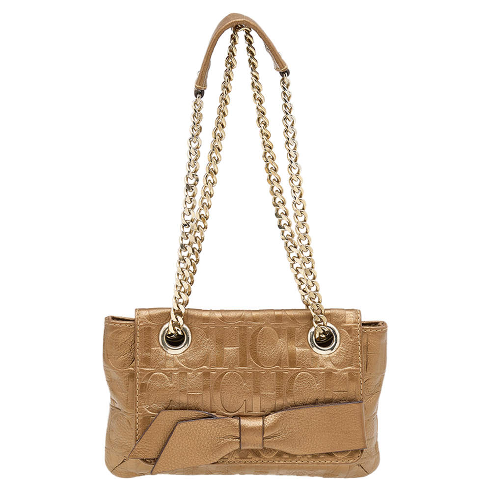 Pre Owned Carolina Herrera Gold Monogram Embossed Leather Audrey Bow Shoulder Bag