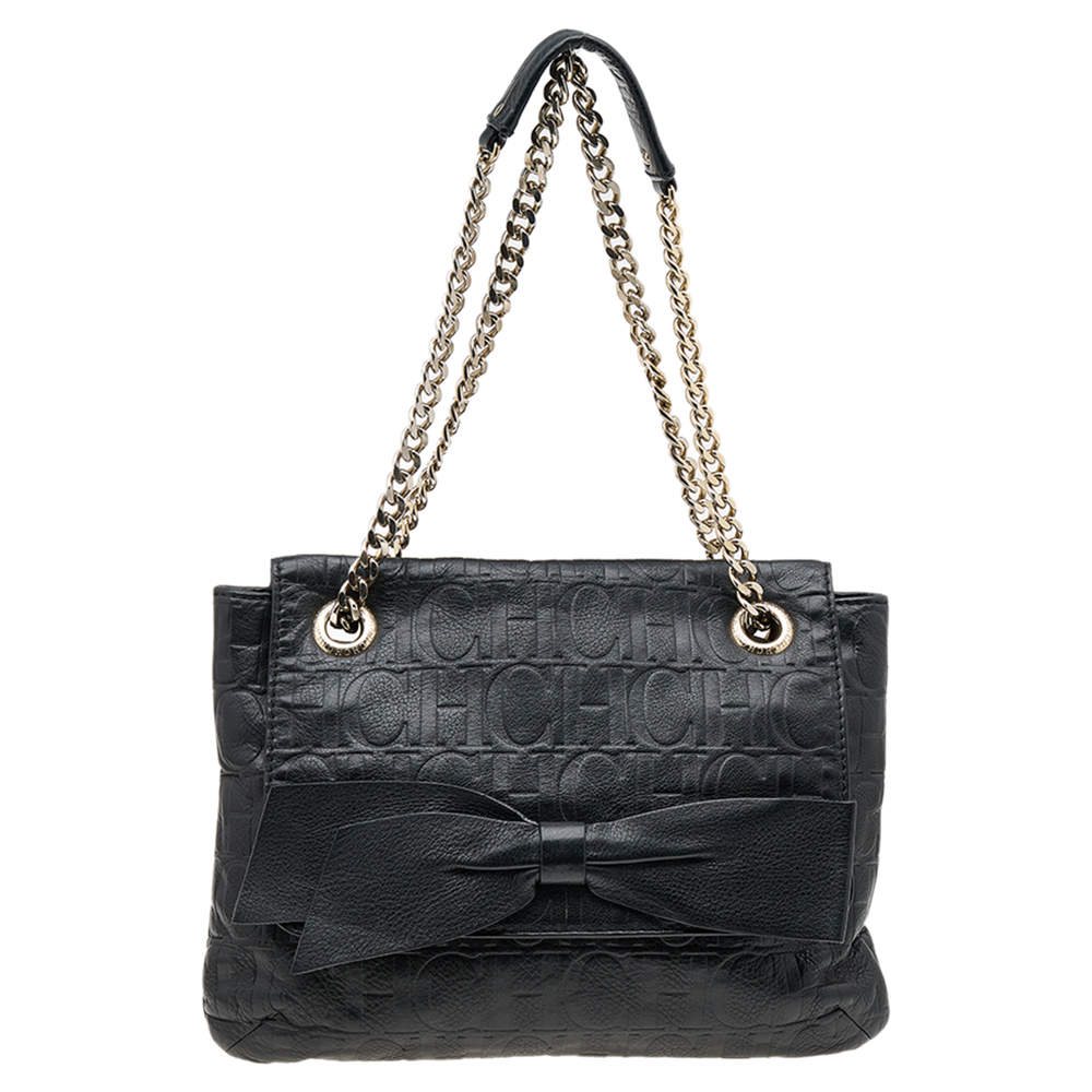 Pre Owned Carolina Herrera Black Monogram Embossed Leather Audrey Bow Flap Shoulder Bag
