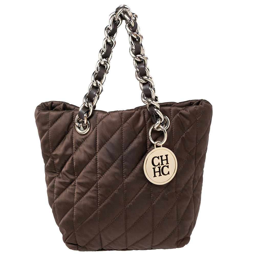 Pre Owned Carolina Herrera Brown Quilted Nylon Chain Tote