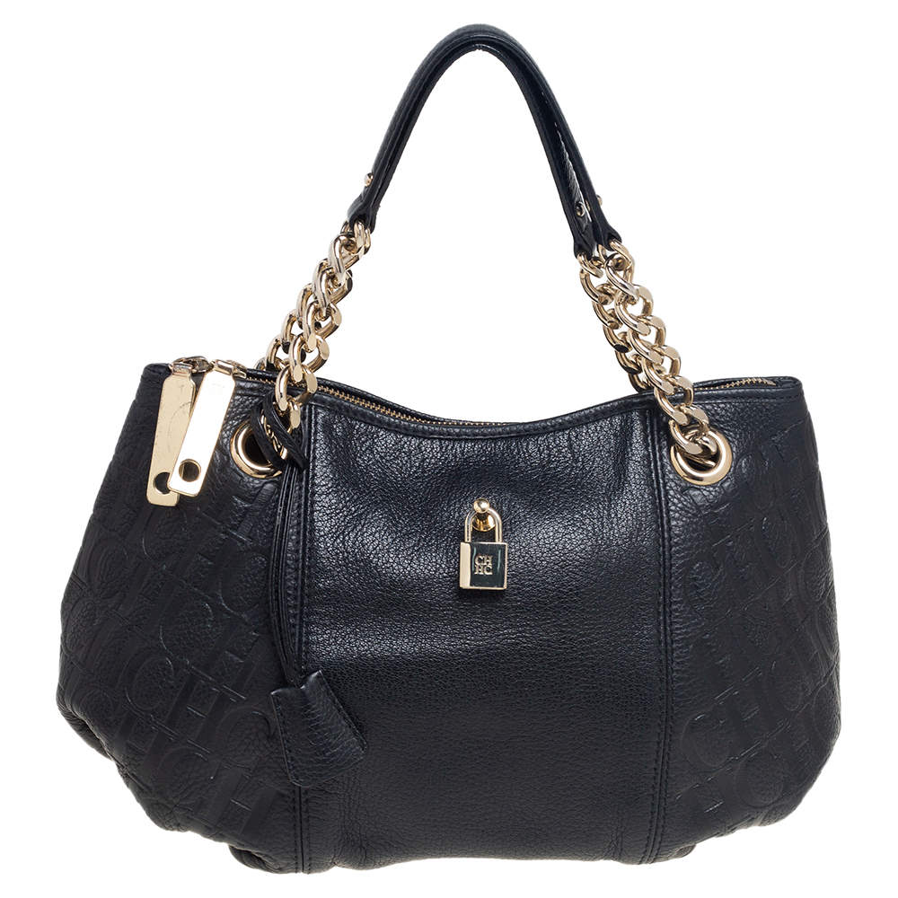 Pre Owned CH Carolina Herrera Black Monogram Leather Chain Hobo