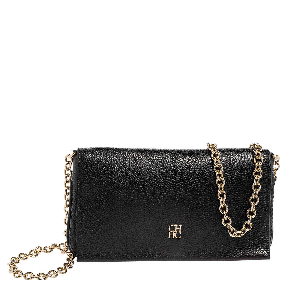 Pre Owned Carolina Herrera Black Leather Flap Chain Shoulder Bag