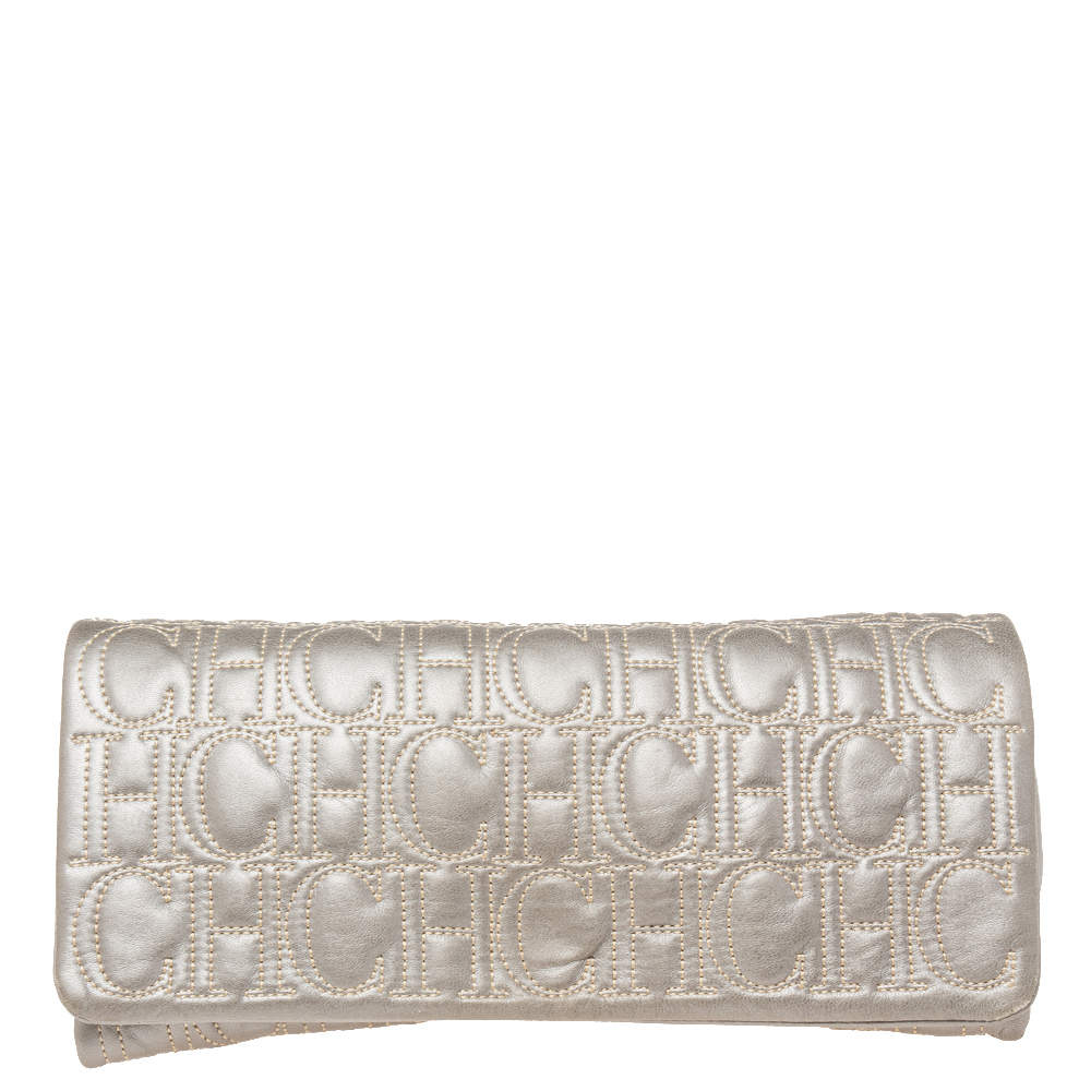 Pre Owned Carolina Herrera Grey Monogram Leather Flap Clutch