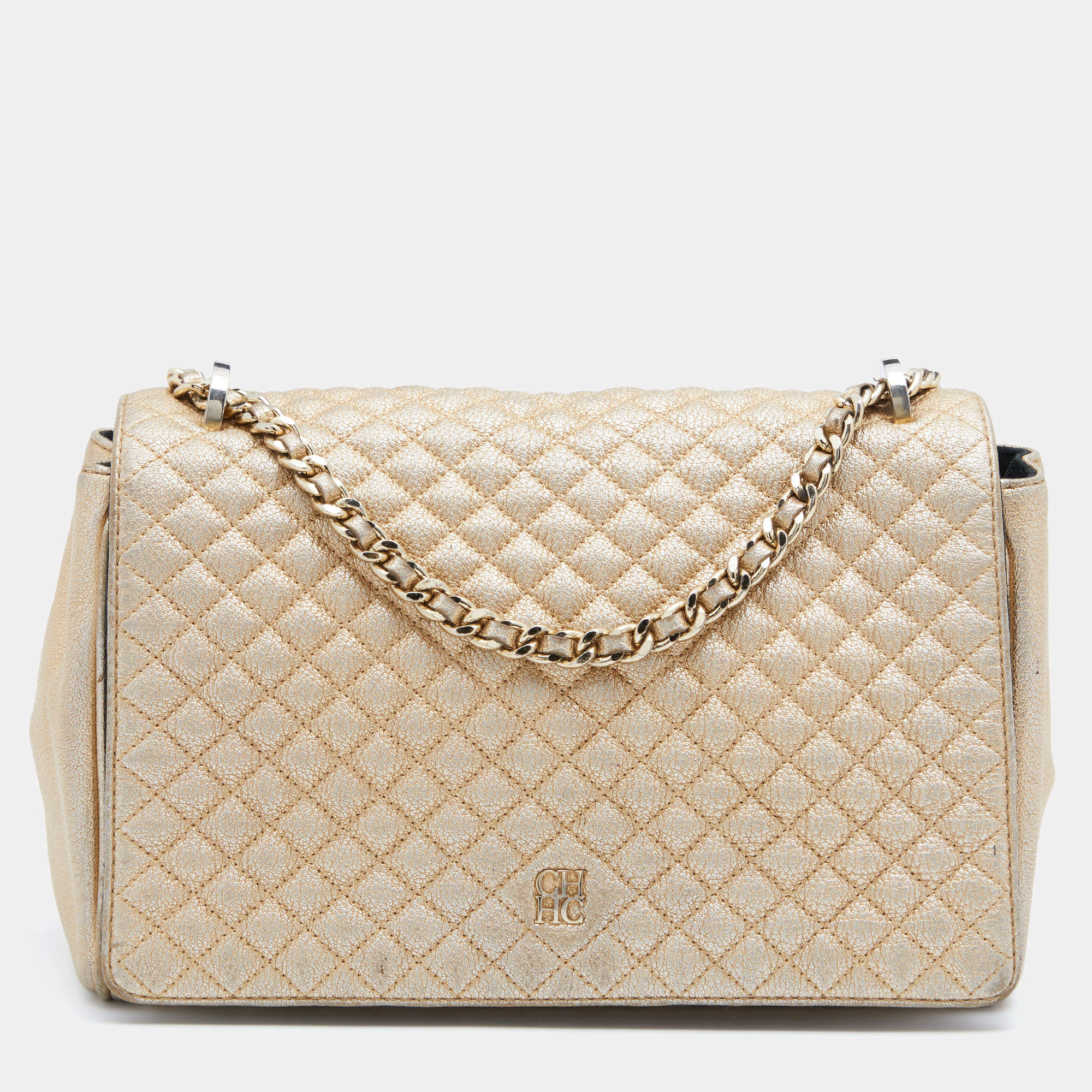 Pre Owned CH Carolina Herrera Metallic Gold Quilted Leather Flap Chain Shoulder Bag