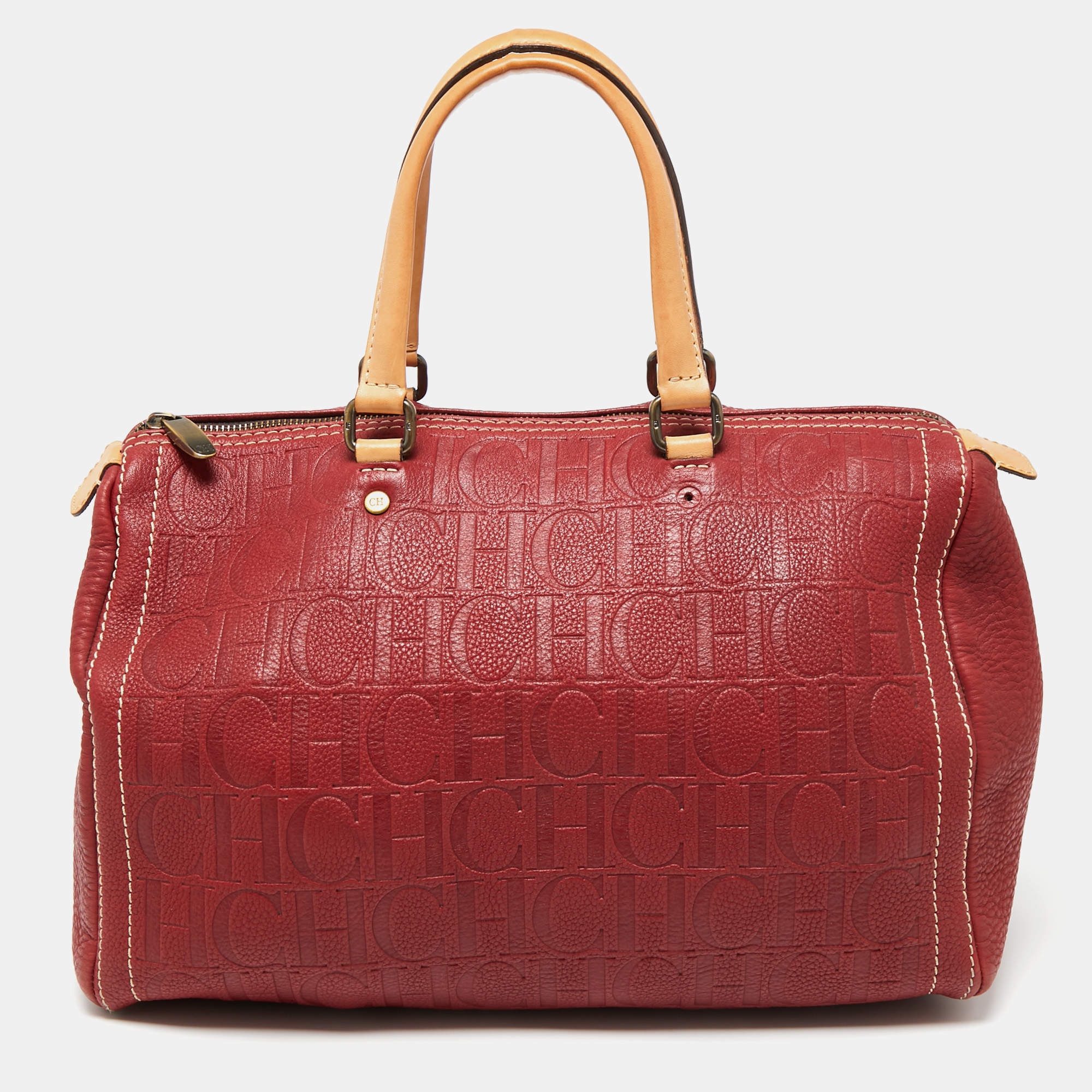 Pre Owned Carolina Herrera Red Monogram Embossed Leather Large Andy Boston Bag