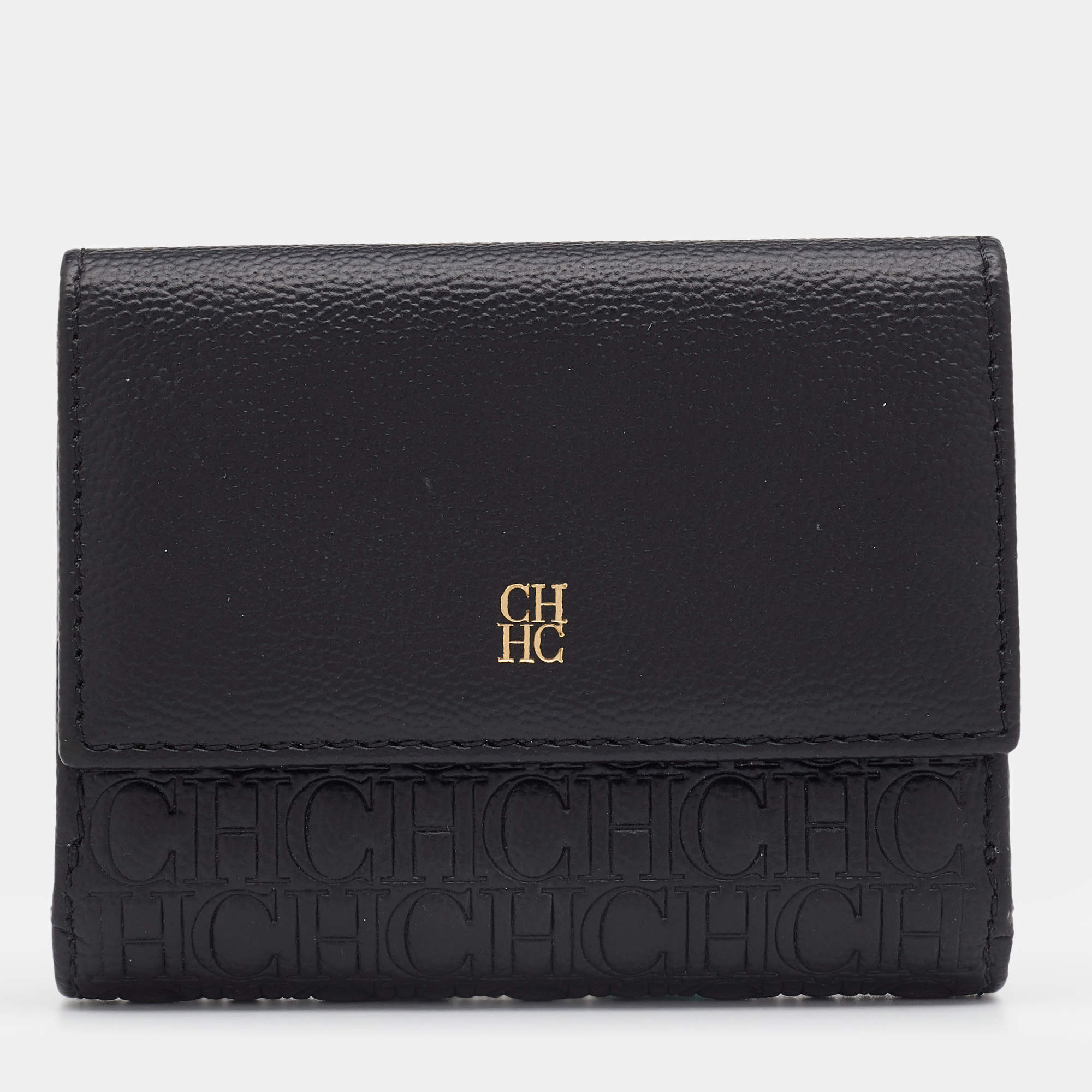 Pre Owned Carolina Herrera Black Monogram Embossed Leather French Compact Wallet