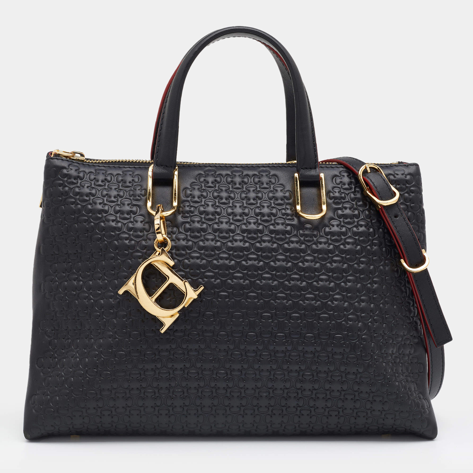 Pre Owned CH Carolina Herrera Black Embossed Leather Duchess Tote