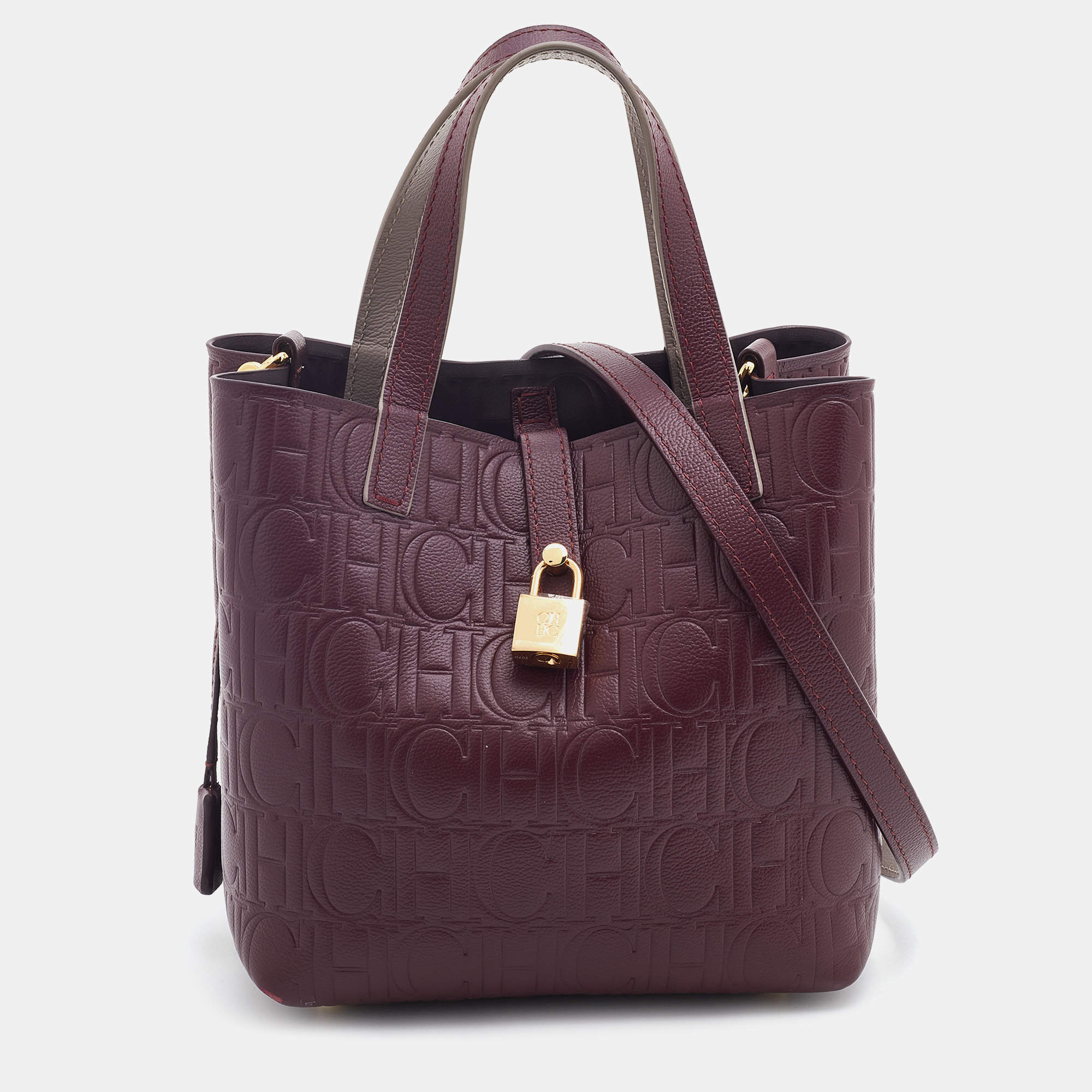 Pre Owned Carolina Herrera Burgundy Monogram Embossed Leather Small Matryoshka Locked Tote