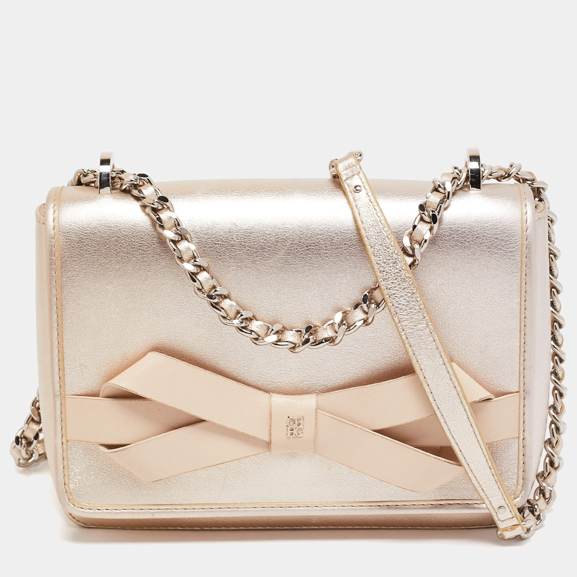 Pre Owned CH Carolina Herrera Pale Gold Leather Bow Flap Shoulder Bag