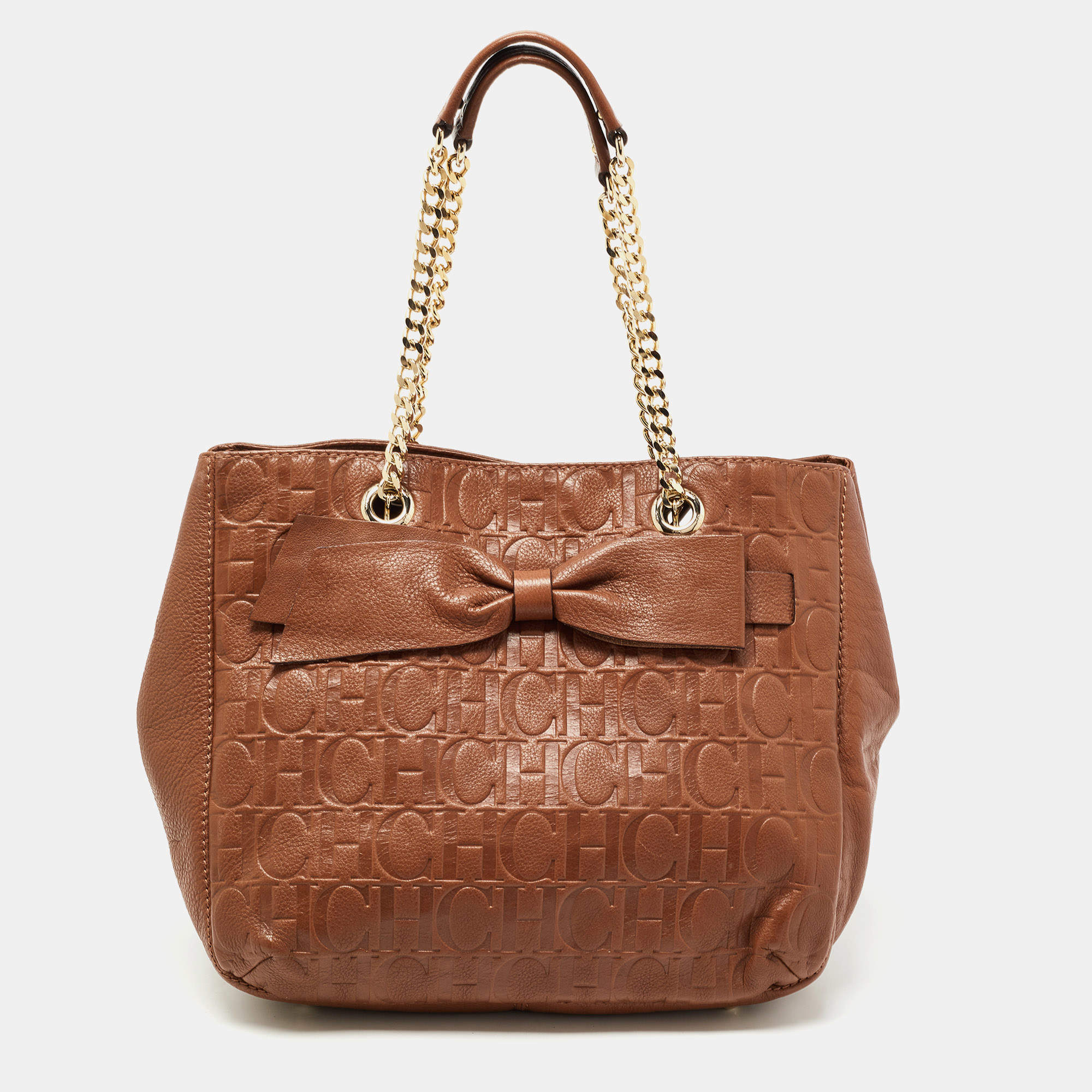 Pre Owned CH Carolina Herrera Brown Monogram Leather Audrey Tote