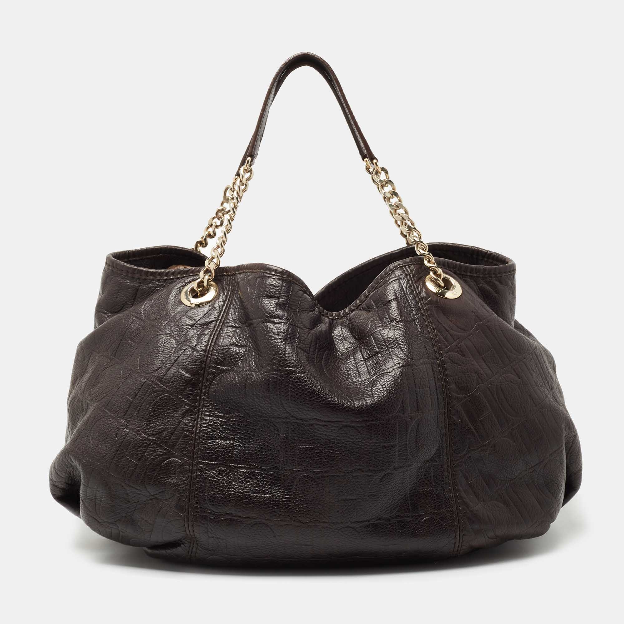 Pre Owned Carolina Herrera Dark Brown Monogram Embossed Leather Poppy Chain Hobo