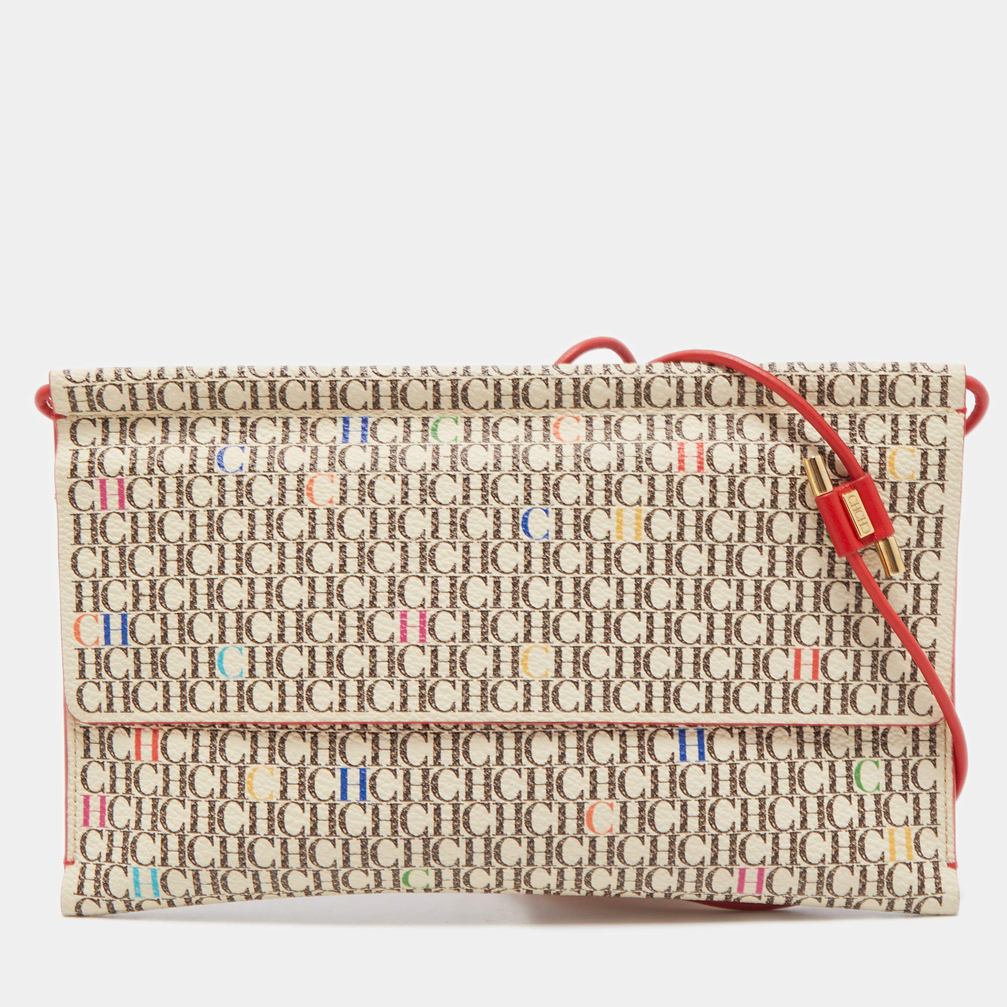Carolina Herrera Red/Beige Monogram Coated Canvas and Leather Traveler Shoulder Bag