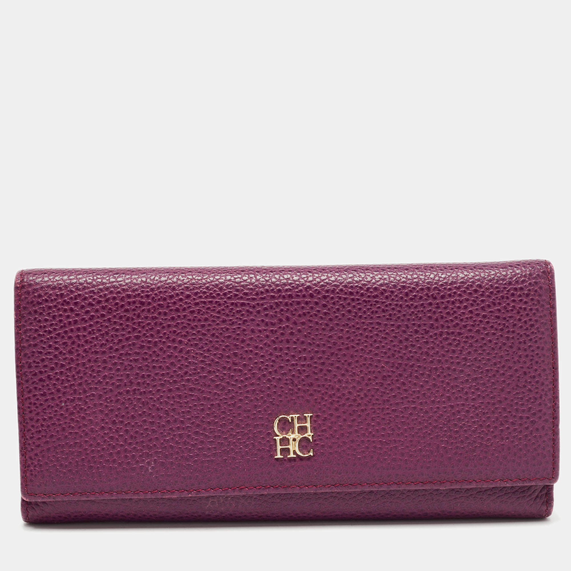 Pre Owned Carolina Herrera Burgundy Leather Trifold Continental Wallet