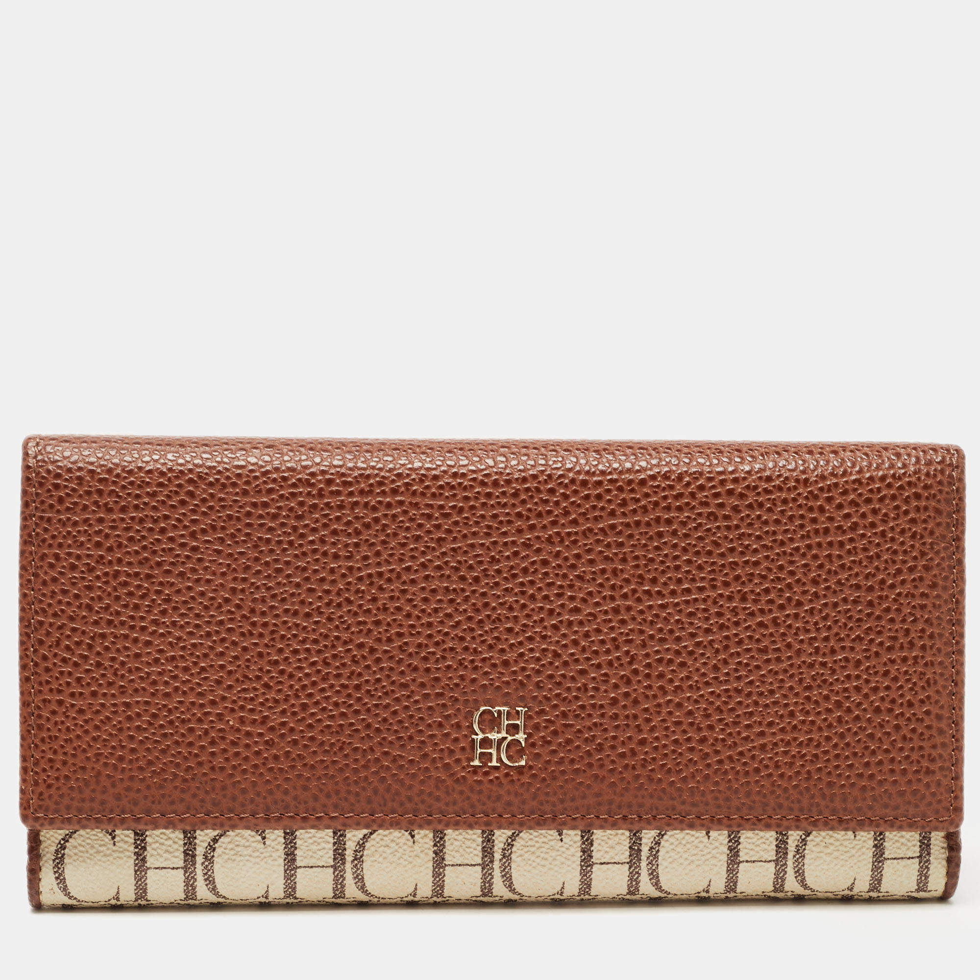 Carolina Herrera Brown/White Monogram Print Coated Canvas and Leather Flap Continental Wallet