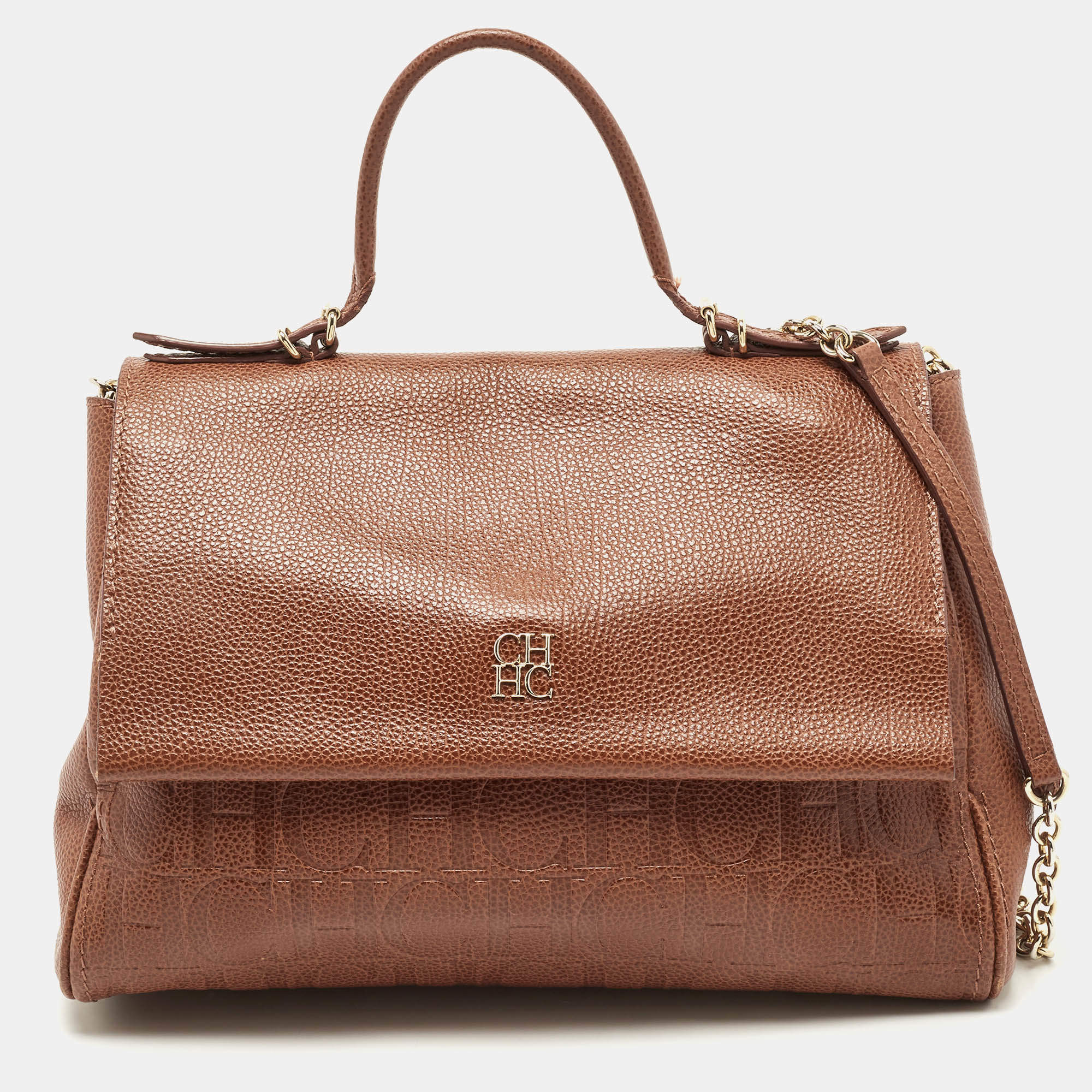 Carolina Herrera Brown Leather Minuetto Flap Top Handle Bag