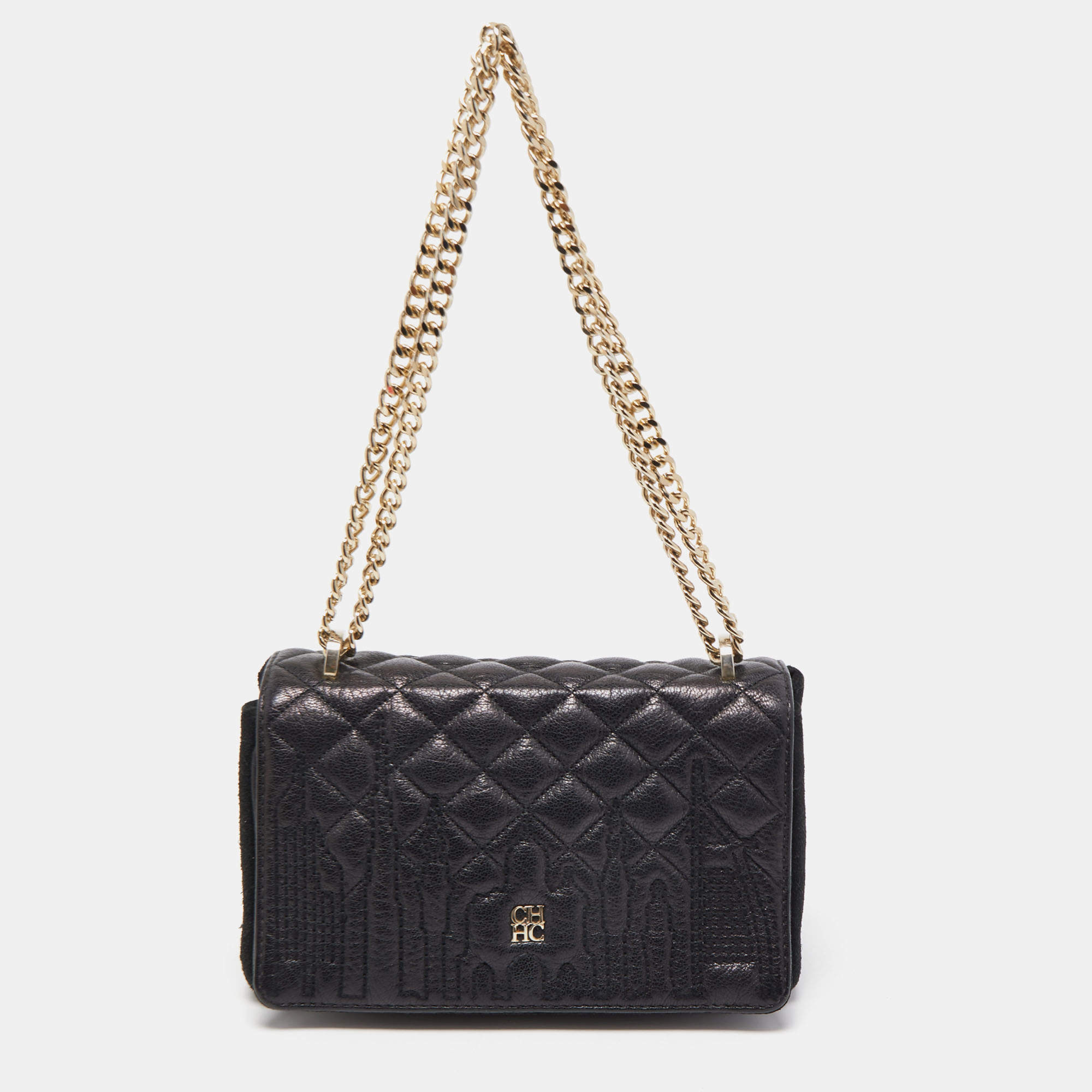 Carolina Herrera Black Quilted Leather And Suede Flap Chain Shoulder Bag