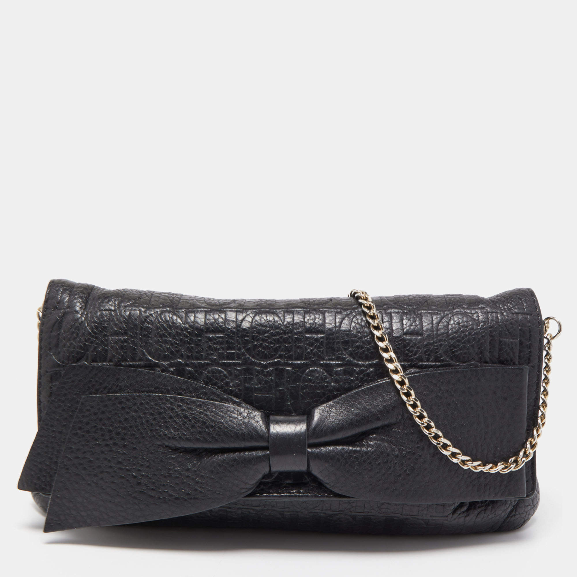 Pre Owned Carolina Herrera Black Monogram Embossed Leather Bow Chain Clutch
