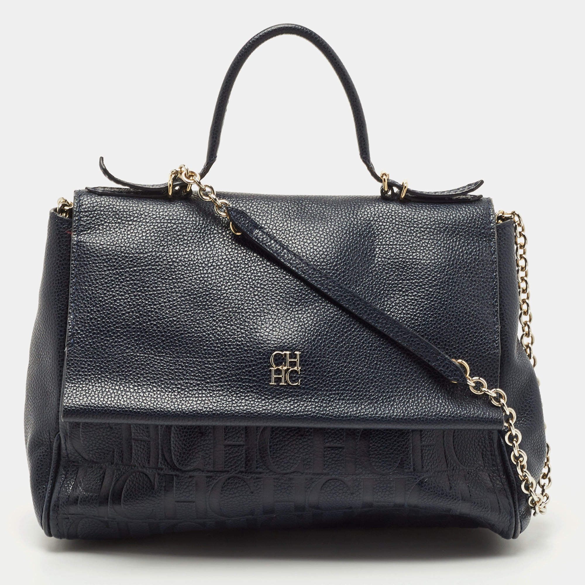 Pre Owned Carolina Herrera Navy Blue Leather Minueto Flap Bag