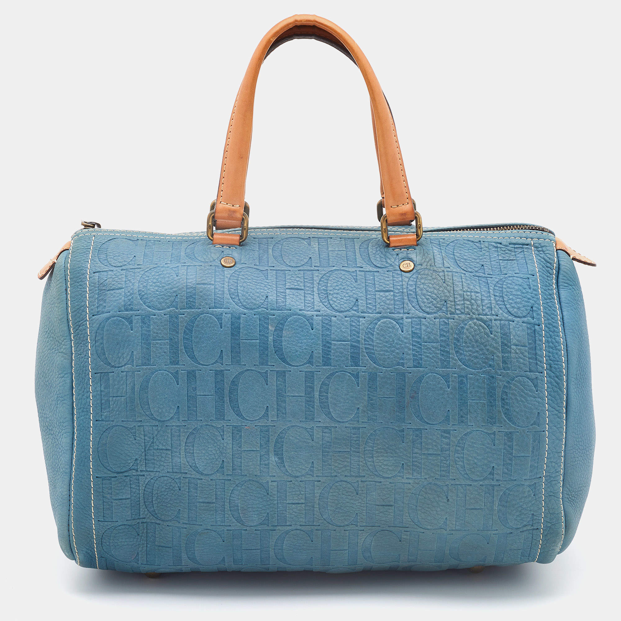 Pre Owned Carolina Herrera Light Blue Monogram Leather large Andy Boston Bag