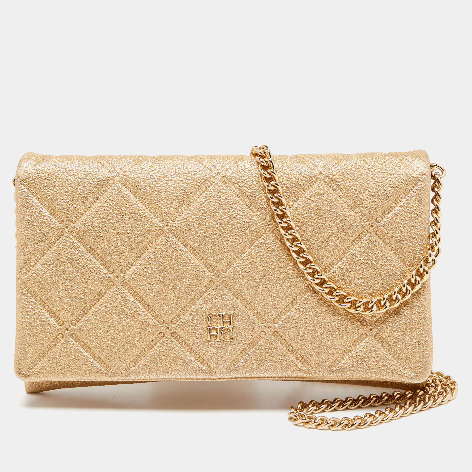 Pre Owned Carolina Herrera Beige Quilted Leather Flap Chain Clutch