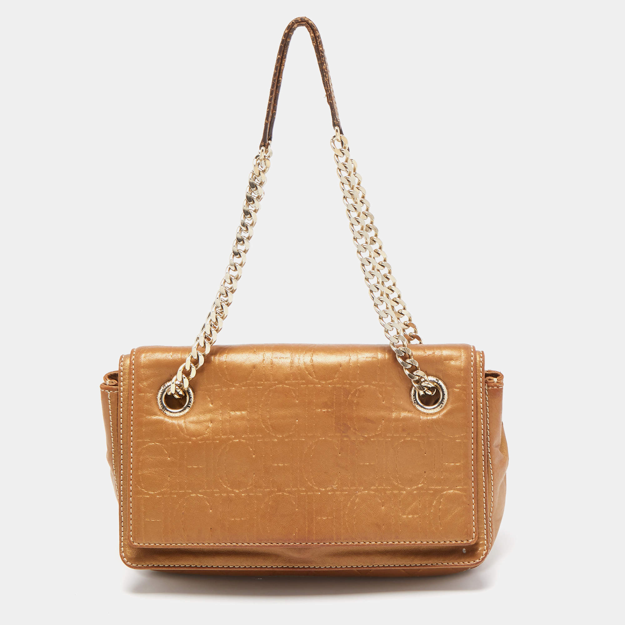 Pre Owned  Carolina Herrera Gold Quilted and Monogram Embossed Leather Flap Shoulder Bag 