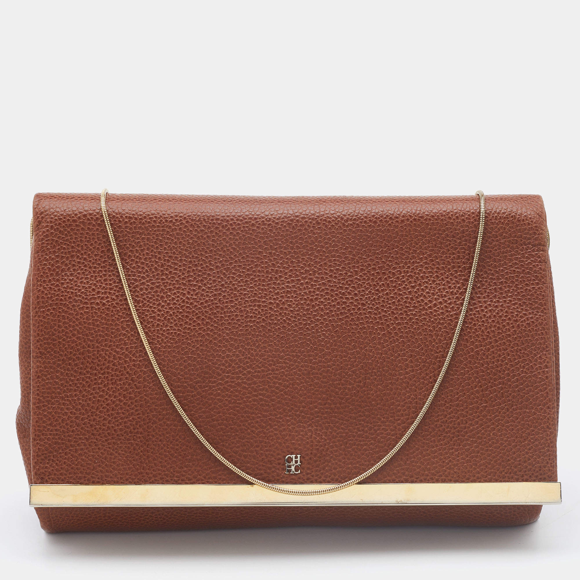 Pre Owned Carolina Herrera Brown Leather Logo Metal Flap Chain Clutch