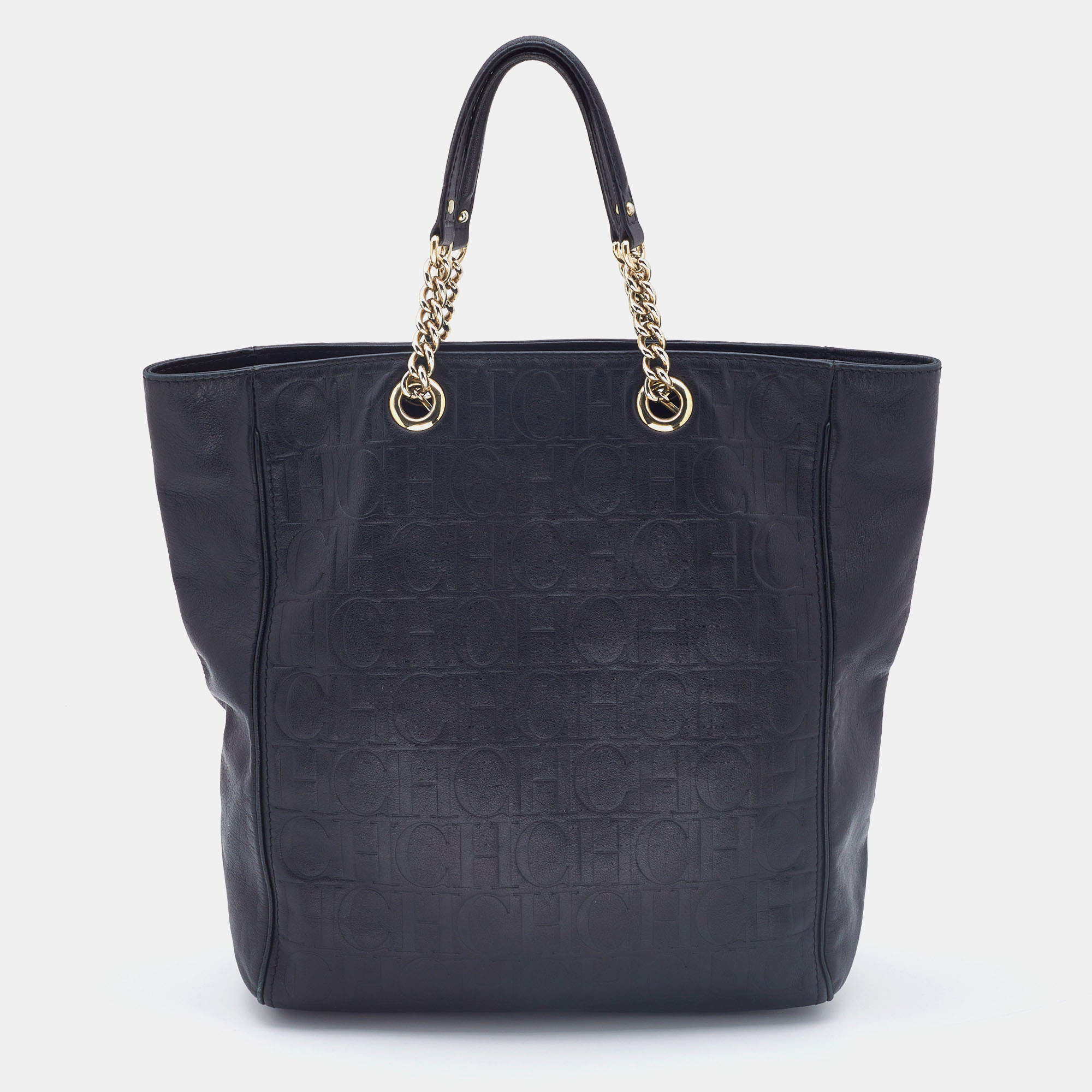 Pre Owned Carolina Herrera Black Monogram Leather Chain Tote
